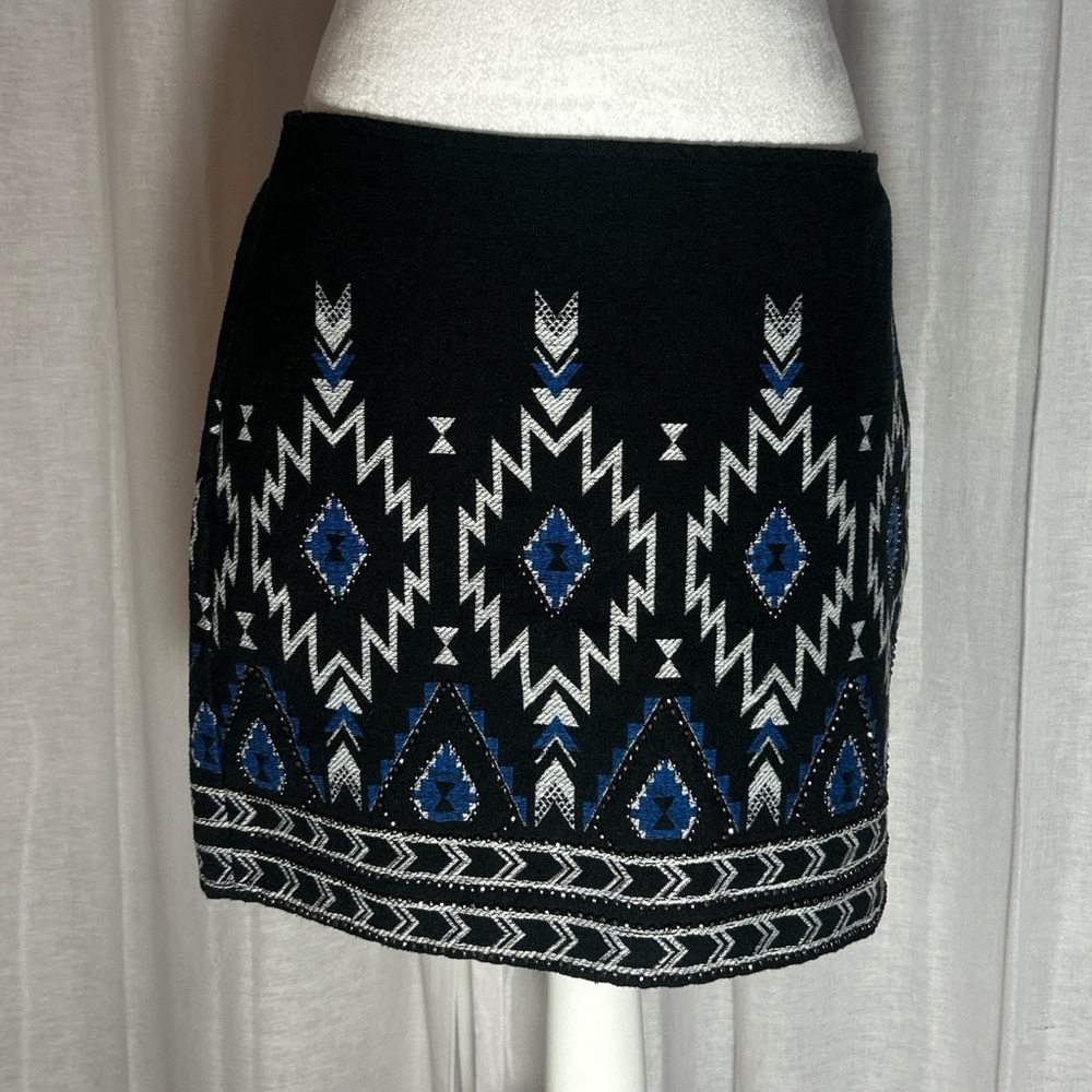 H&M Beaded Black and Blue Geometric Mini Skirt